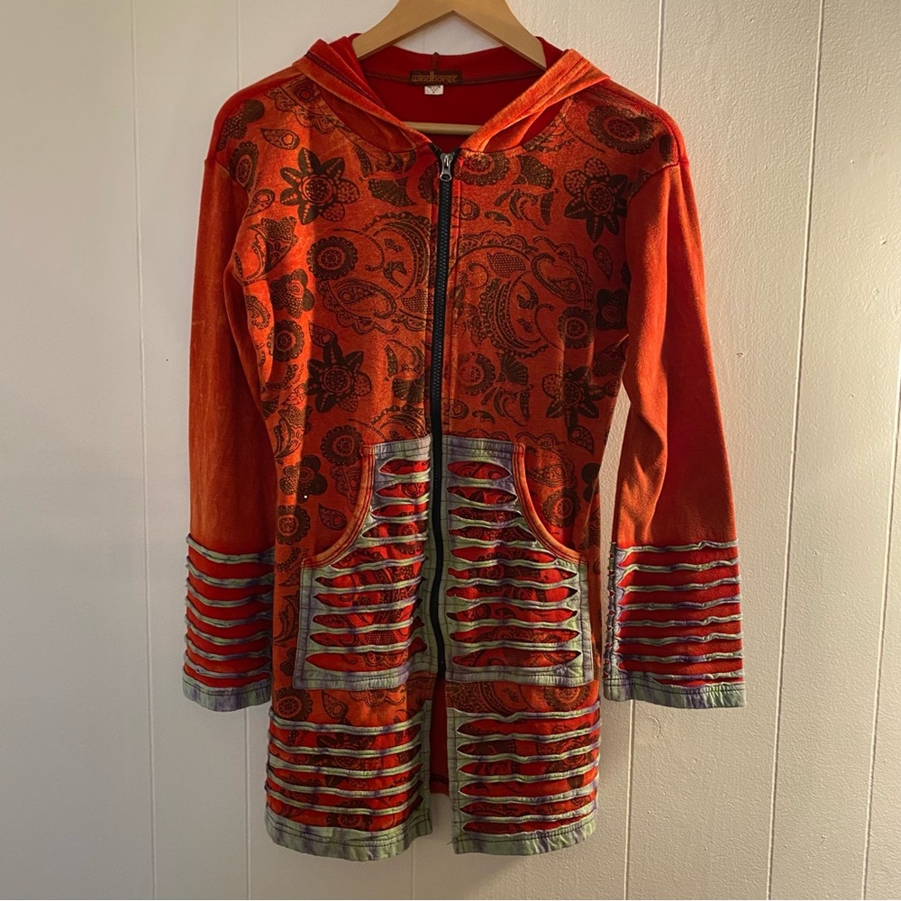 Windhorse Women Red Zip Hoodie Boho Jacket Distressed Look Size M Bell Sleeves